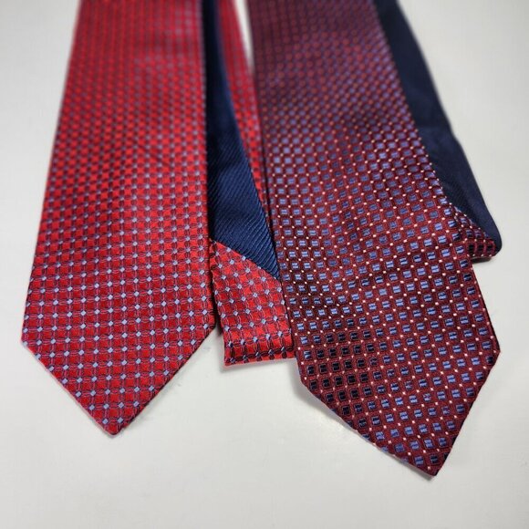 Tommy Hilfiger Necktie Mens 100% Silk Tie Squares and Dots Lot of 2 Red Burgundy - Picture 4 of 5